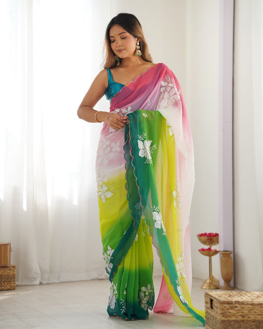 Georgette Saree with Embroidery Work and Satin Blouse for Women