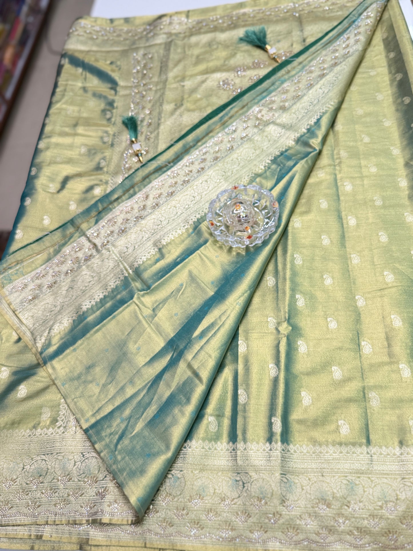 Rich Tissue Silk Saree with Heavy Zari Weaving and Ornate Border for Women