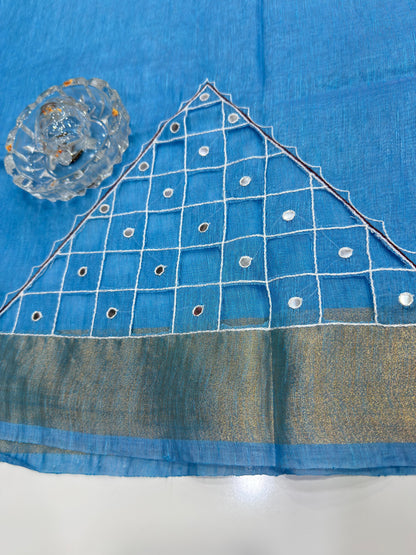 Pure Tissue 150 Count Linen Handloom Saree with Handwork and Running Blouse for Women