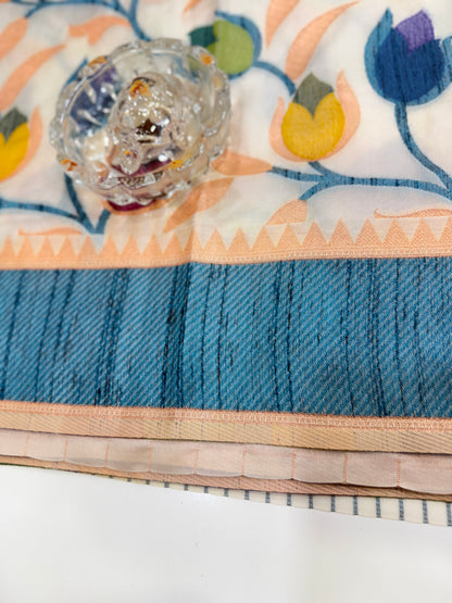 Soft silk floral printed saree with contrast blouse, lightweight festive wear saree for women