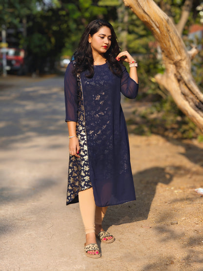 Navy Blue American Crepe Foil A-Line Kurta 4367