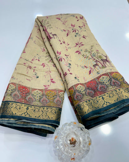 Chennuri silk style printed saree with traditional artwork border and unstitched blouse fabric for women