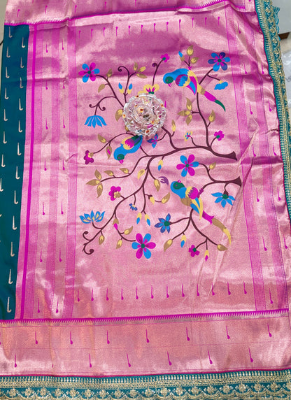 Paithani Lace Border Soft Silk Saree with Contrast Blouse for Women