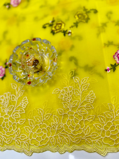 Kora Banarasi Saree with Floral Embroidery and Woven Border – Lightweight Festive Wear