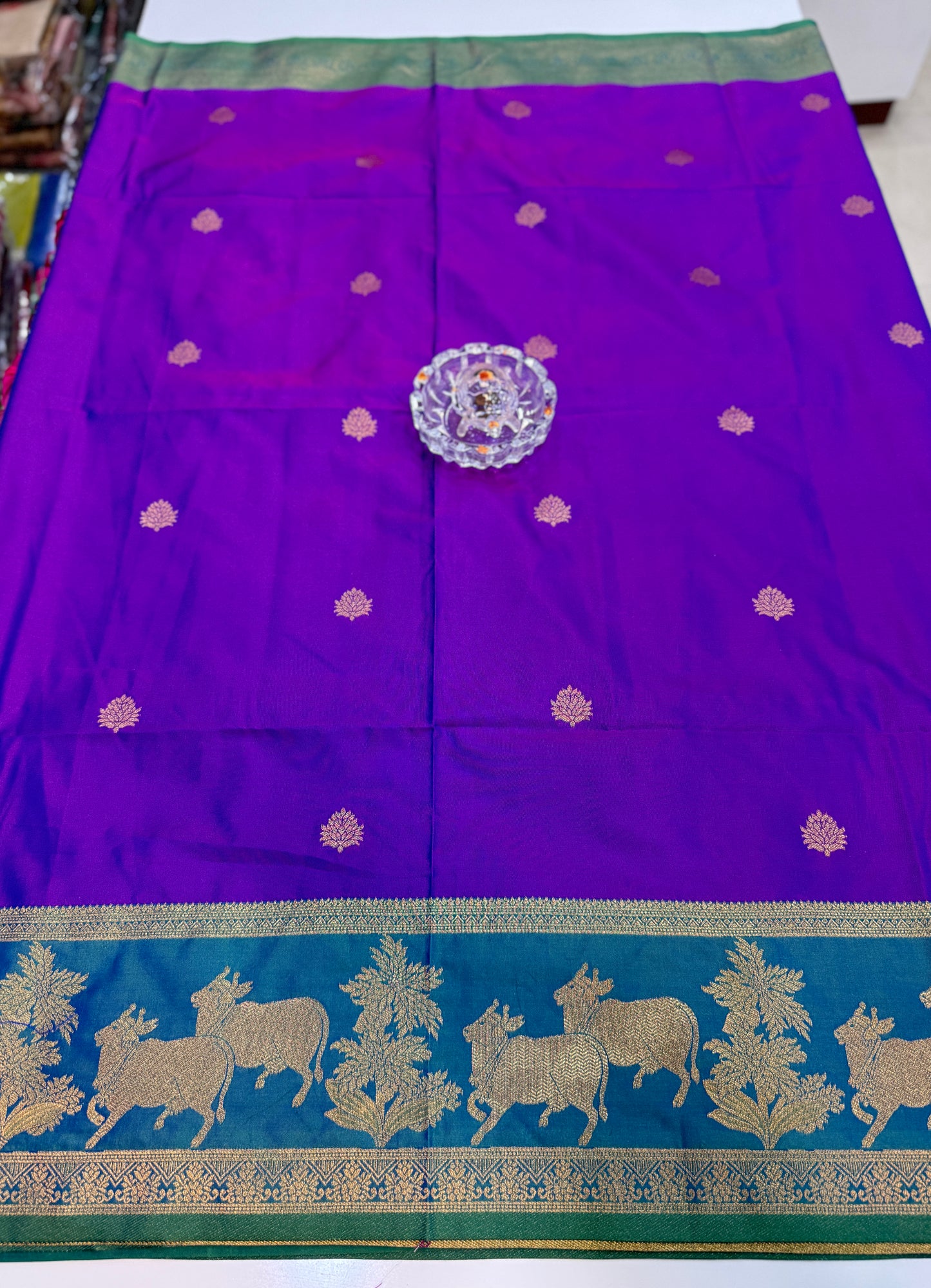 Handloom styled Silk Pichwai Saree with Woven Border and Contrast Blouse