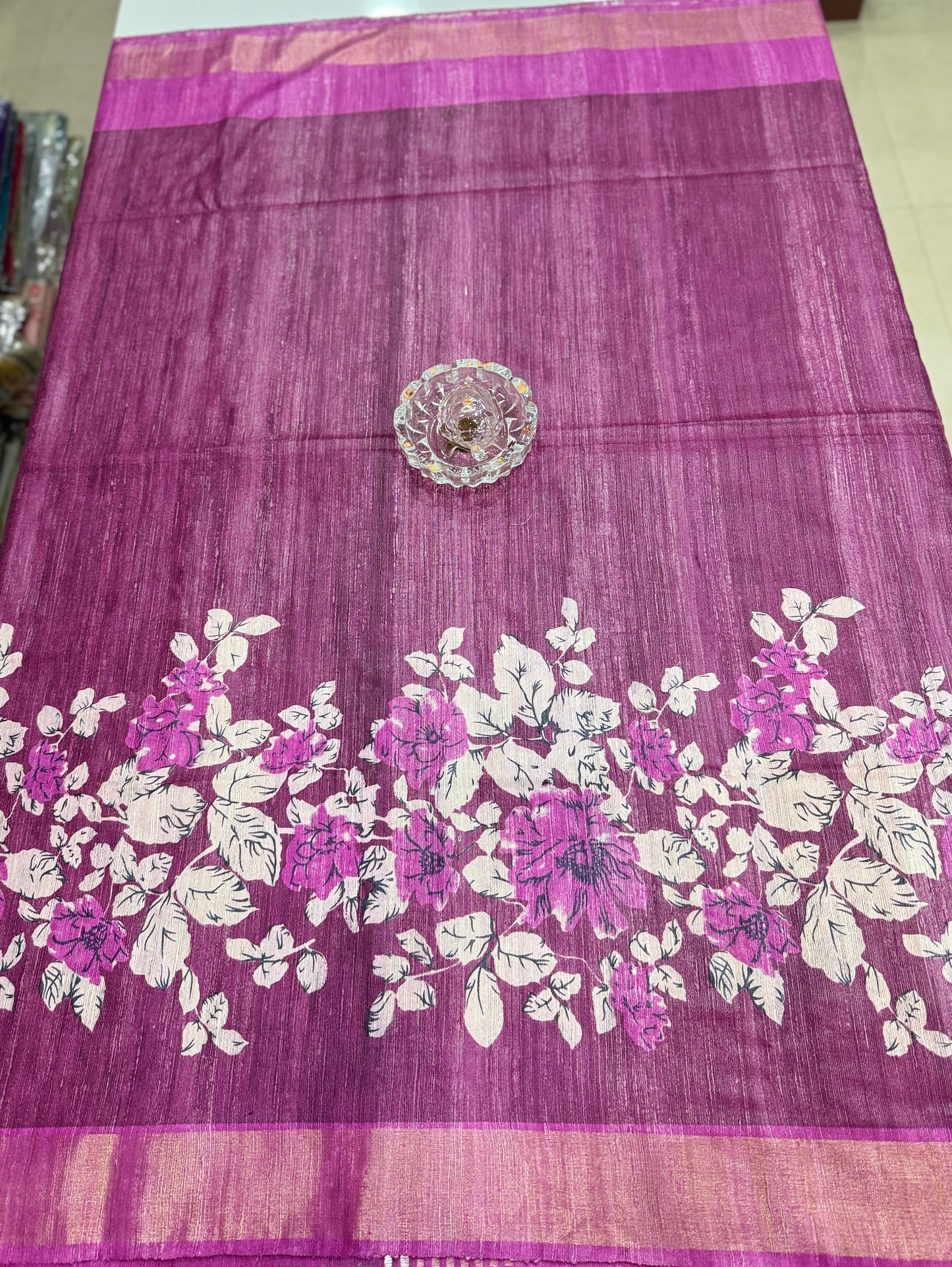 Pure Tussar Ghicha Silk Saree with Zari Border and Printed Design – Silk Mark Certified Handloom Saree