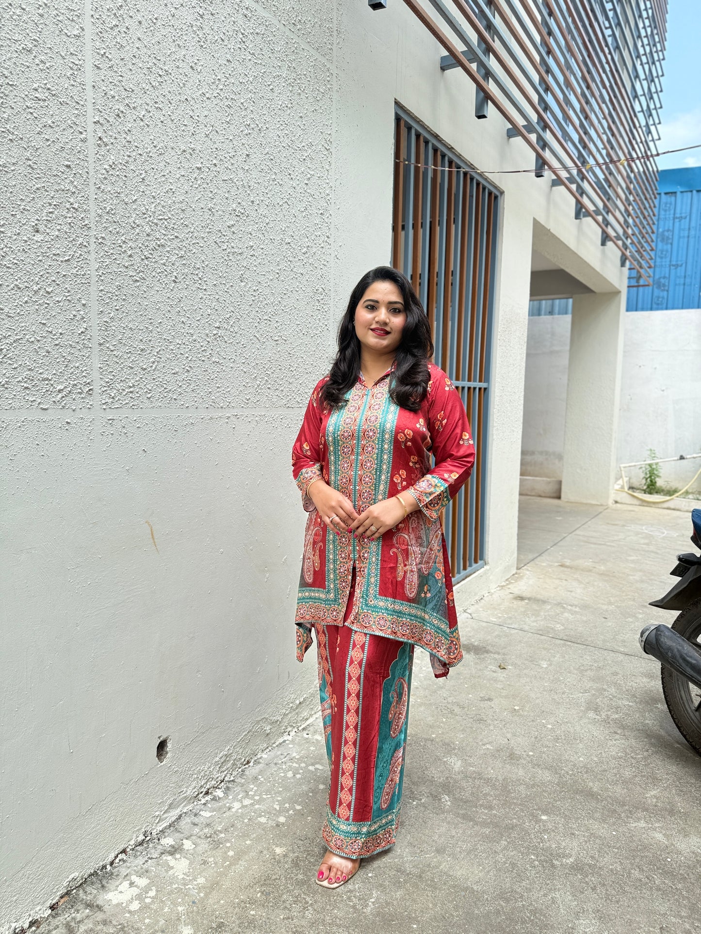 Crepe Silk Digital Printed Co-Ord Set with Mirror Work for Women – Festive Wear Kurta Pant Set