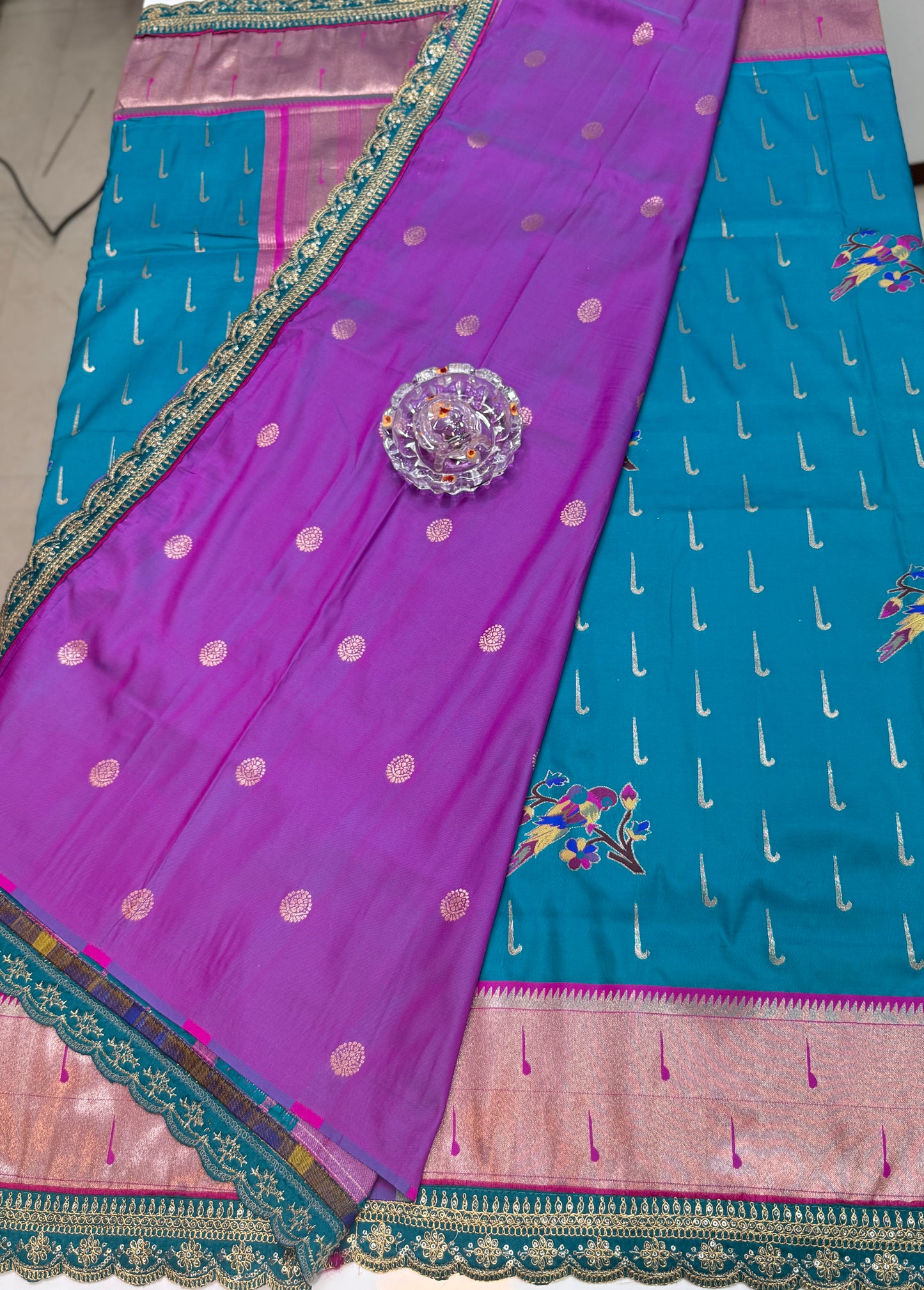 Paithani Lace Border Soft Silk Saree with Contrast Blouse for Women