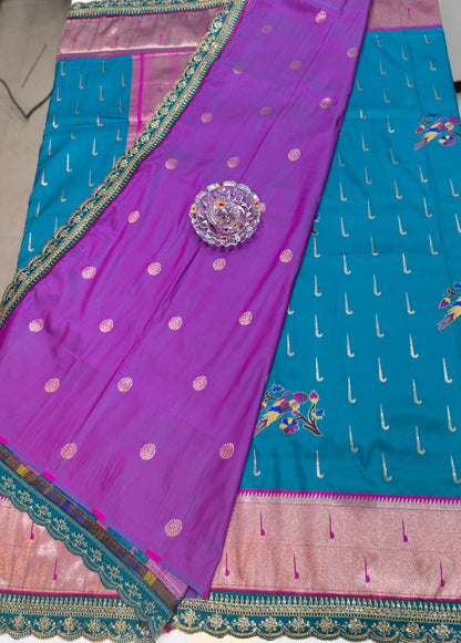 Paithani Lace Border Soft Silk Saree with Contrast Blouse for Women