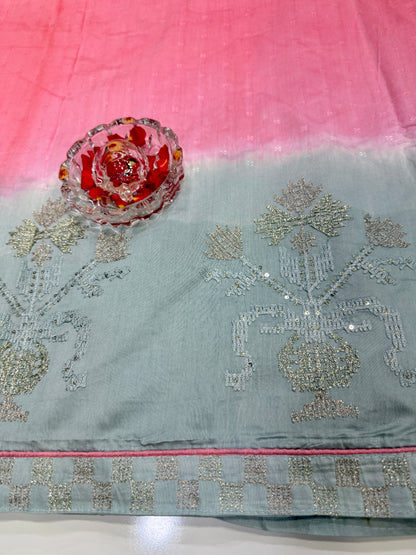 Omber shaded Silk Saree with Embroidery Lace Work, Patchwork and Art Silk Blouse