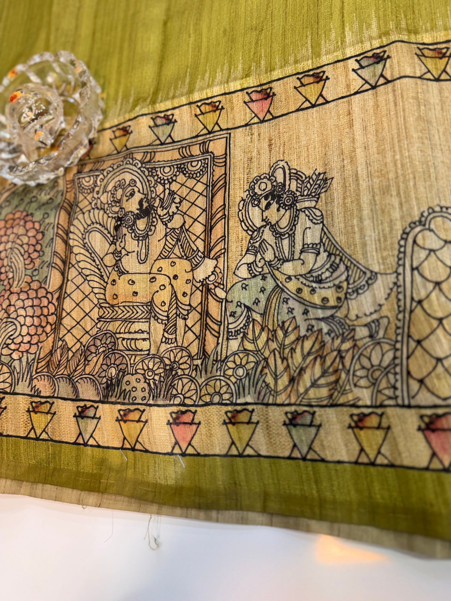 Spider Silk Saree with Folk Art Print Border and Tassel Pallu