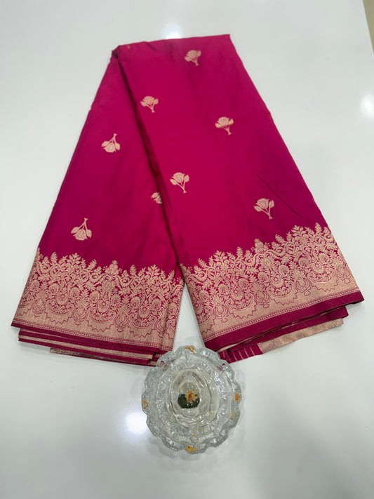 Soft silk saree with woven floral border and contrast brocade blouse piece