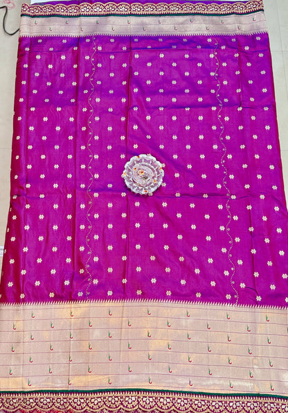 Paithani Lace Border Saree with Parrot Motifs and Contrast Blouse
