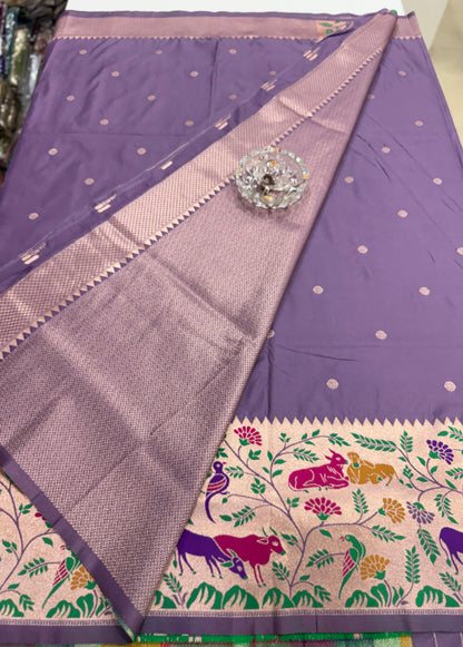 Paithani printed soft silk saree with zari-style border and contrast blouse for women