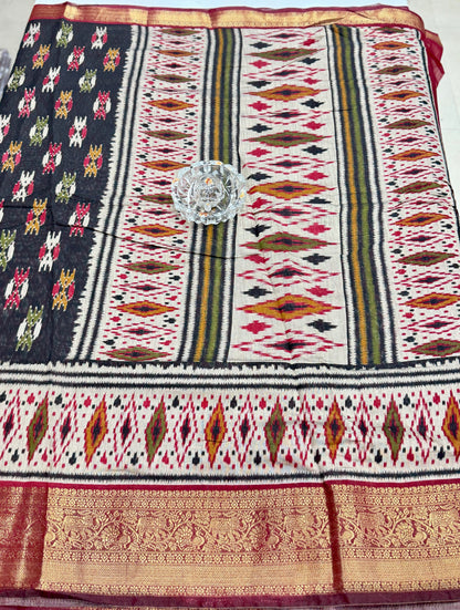 Semi Maheshwari Silk Saree with Zari Border & Ikat Style Weaving for Women