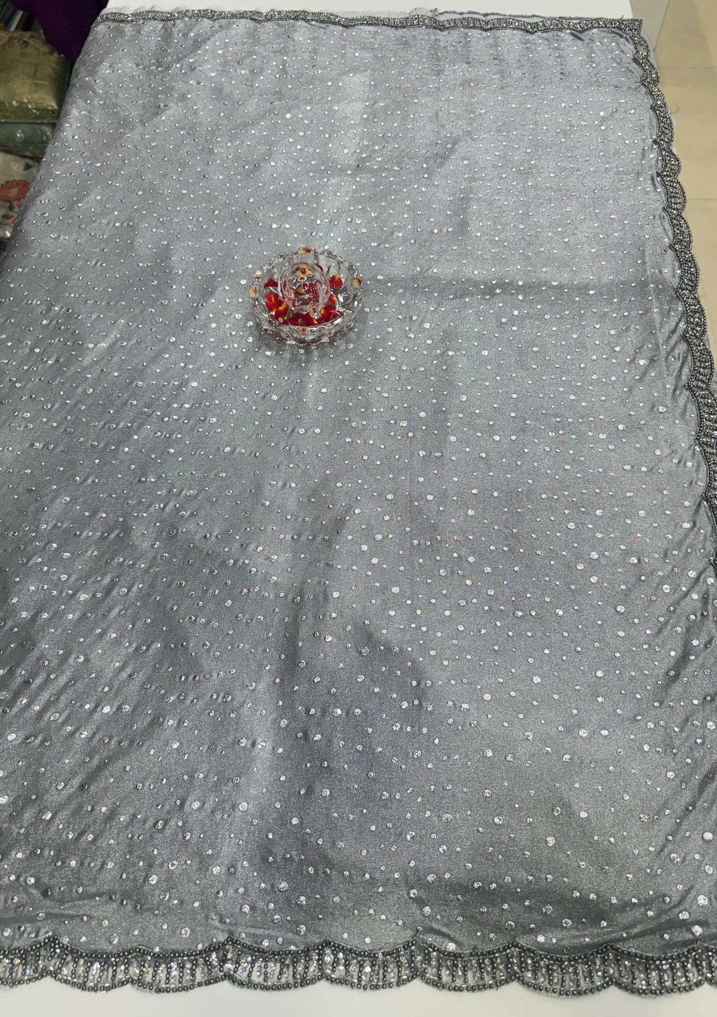 Silver Grey Sequin Saree for Women – Fancy Designer Fabric with Diamond Stone Border and Matching Blouse