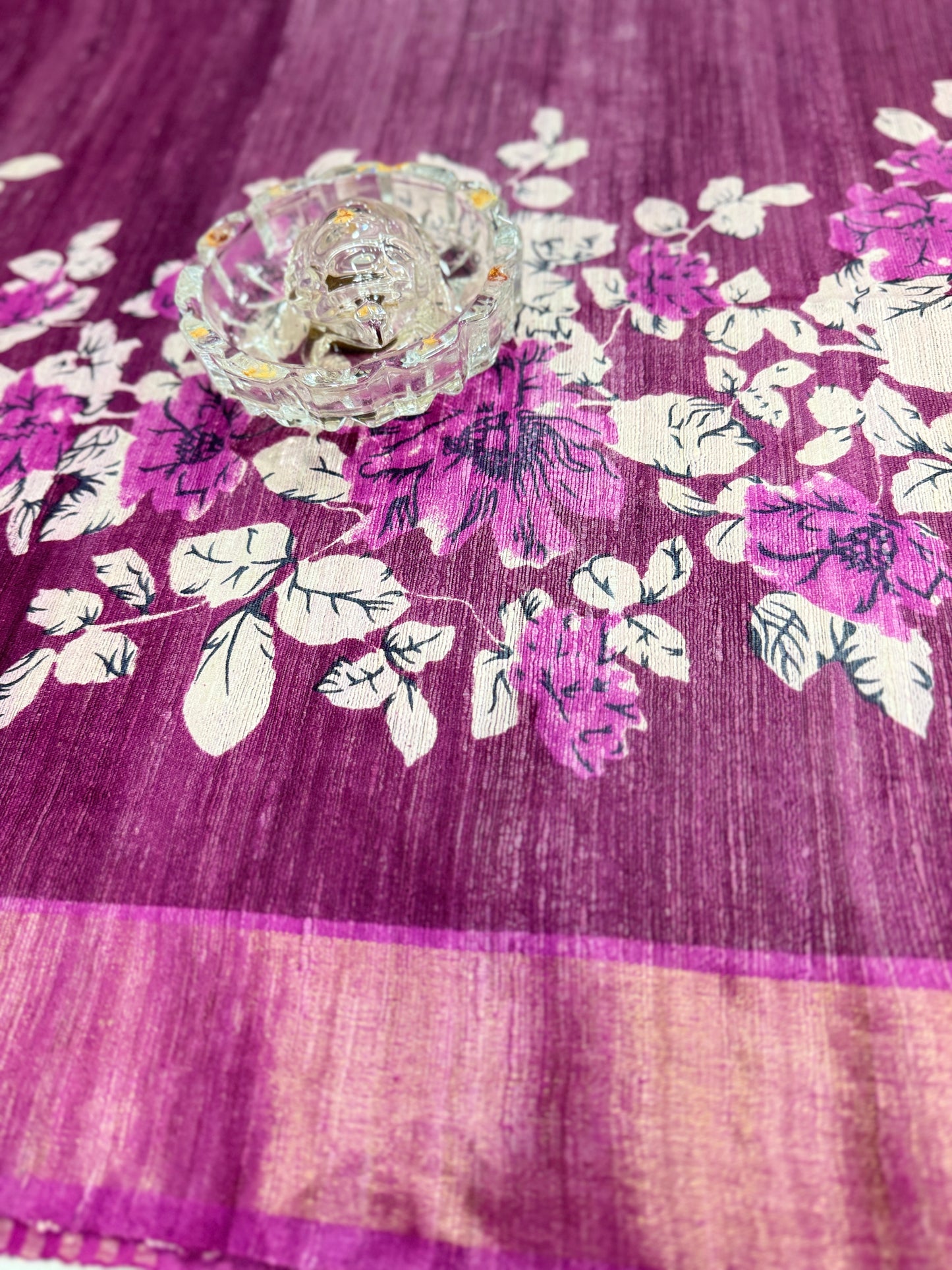 Pure Tussar Ghicha Silk Saree with Zari Border and Printed Design – Silk Mark Certified Handloom Saree