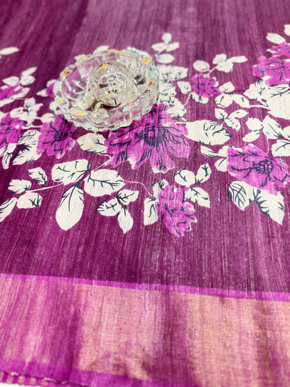 Pure Tussar Ghicha Silk Saree with Zari Border and Printed Design – Silk Mark Certified Handloom Saree