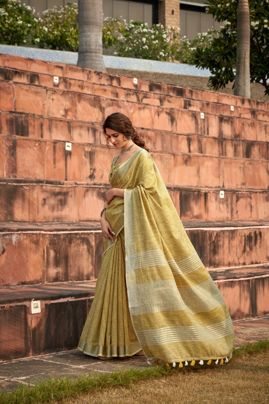 linen silk saree with striped design and border – lightweight ethnic wear for women