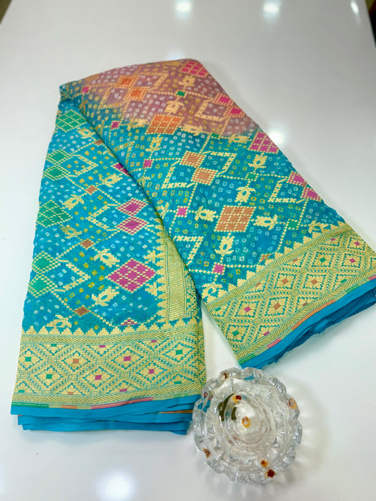 Banarasi Pure Georgette Bandhani Saree with Golden Zari Jaal and Meenakari Work – Bridal Wear