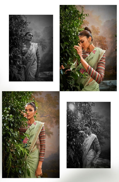 Soft Linen Tissue Saree with Hand Brush Print and Kalamkari Blouse – Festive and Wedding Wear