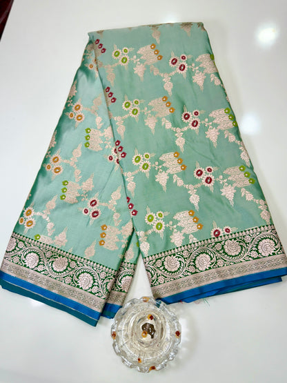 Mashru Katan Silk Saree with Multicolor Zari Weaving and Contrast Border – Festive Wear for Women
