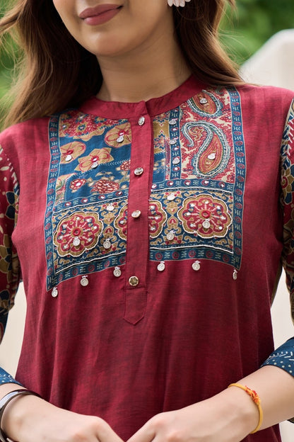 Printed Cotton Kurta Pant Set with Yoke Embroidery – Elegant Daily and Festive Wear for Women