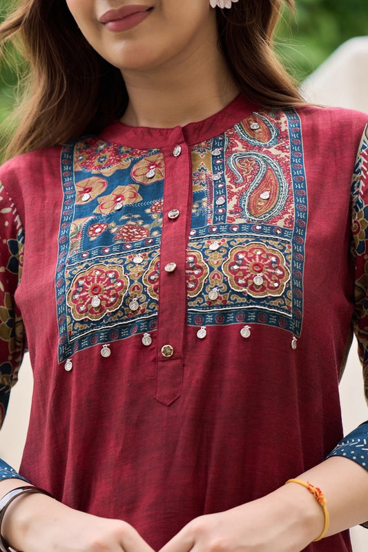 Printed Cotton Kurta Pant Set with Yoke Embroidery – Elegant Daily and Festive Wear for Women