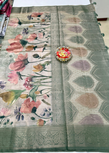 Bamboo Silk Saree with Chex Texture and Rich Pallu – Digital Floral Print Saree for Women