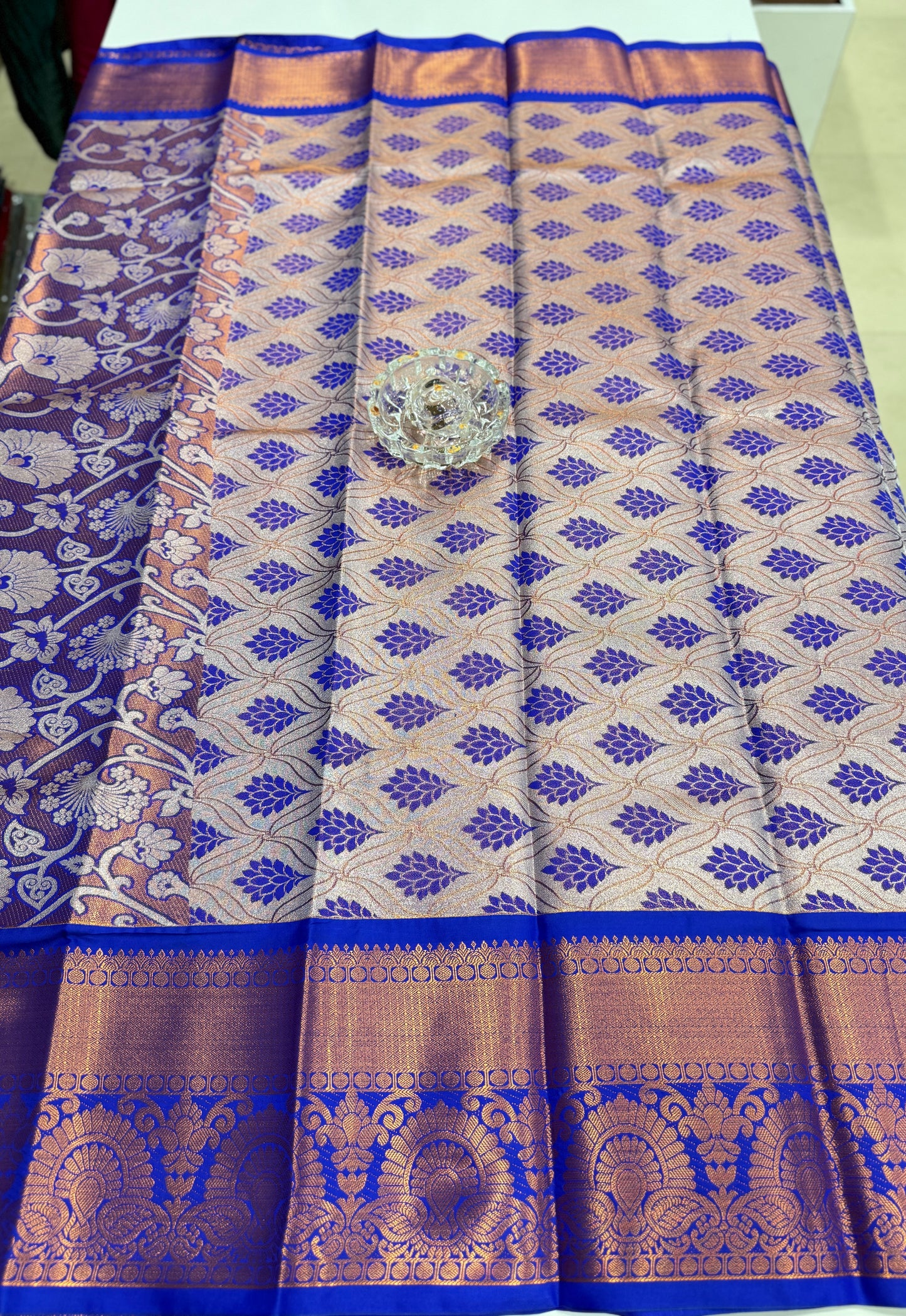 Bridal tissue saree for women with woven zari work and contrast border, kanchipuram style powerloom saree with blouse fabric