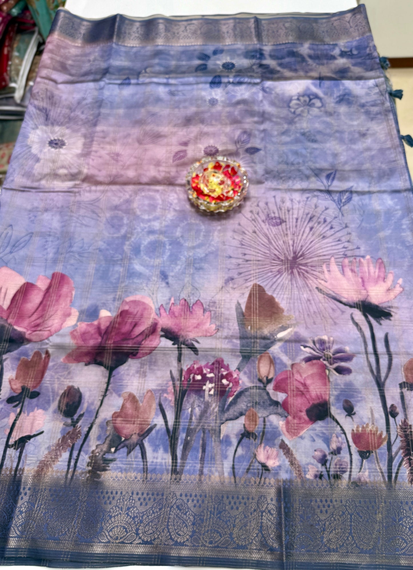 Bamboo Silk Saree with Chex Texture and Rich Pallu – Digital Floral Print Saree for Women