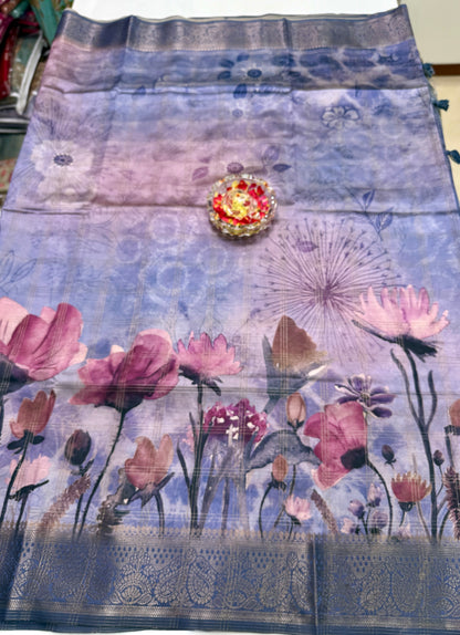 Bamboo Silk Saree with Chex Texture and Rich Pallu – Digital Floral Print Saree for Women