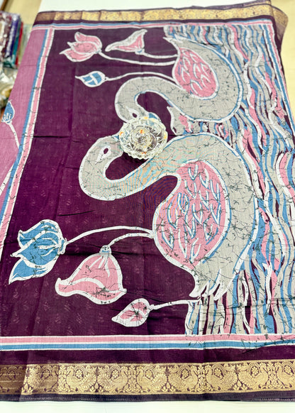 Chennuri silk style printed saree with traditional artwork border and unstitched blouse fabric for women