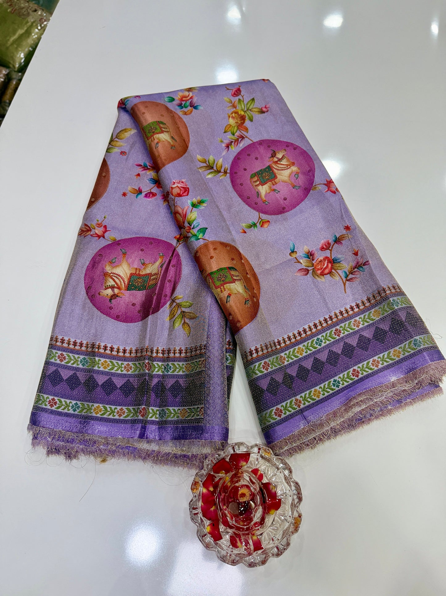 Pure Ziraf Silk Printed Saree with Elephant and Floral Motifs – Lightweight Soft Silk Saree for Women