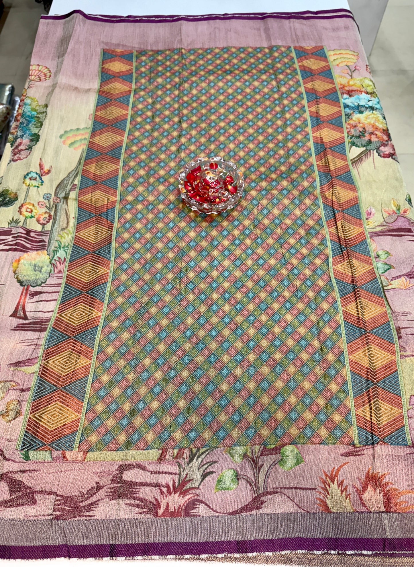 Pure Ziraf Silk Peacock Print Saree with Colorful Nature Motifs and Geometric Border – Soft Silk Printed Saree for Women