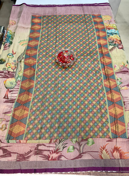 Pure Ziraf Silk Peacock Print Saree with Colorful Nature Motifs and Geometric Border – Soft Silk Printed Saree for Women