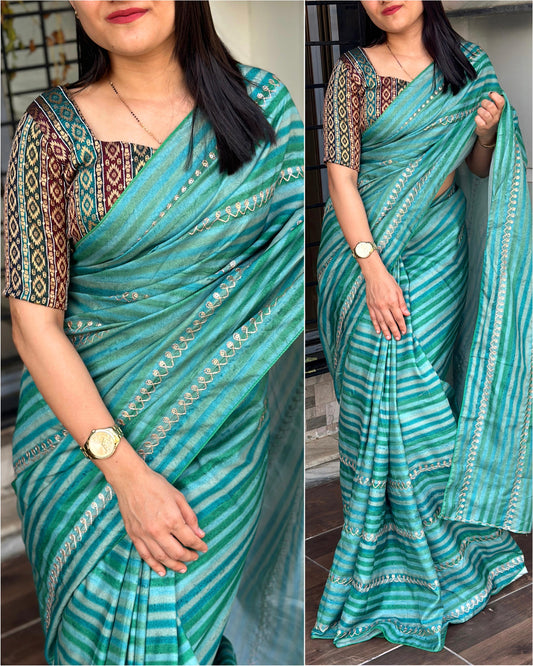 Mesmerizing Tusser Silk 3D Lehriya Saree - Exquisite Pitta Embroidery
