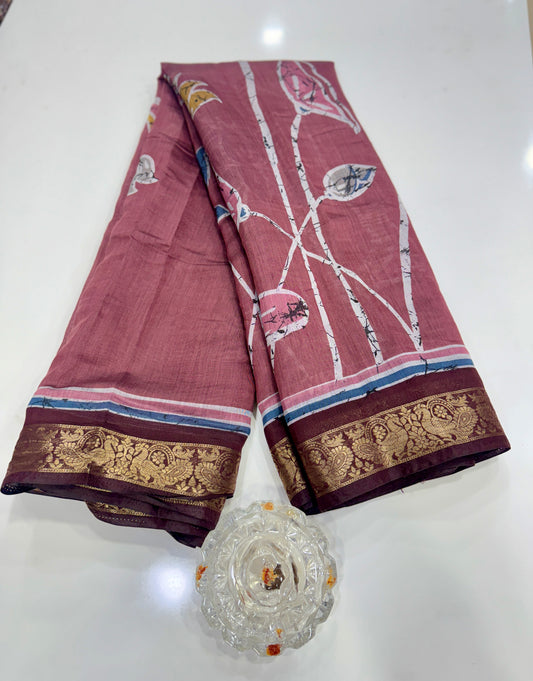 Chennuri silk style printed saree with traditional artwork border and unstitched blouse fabric for women