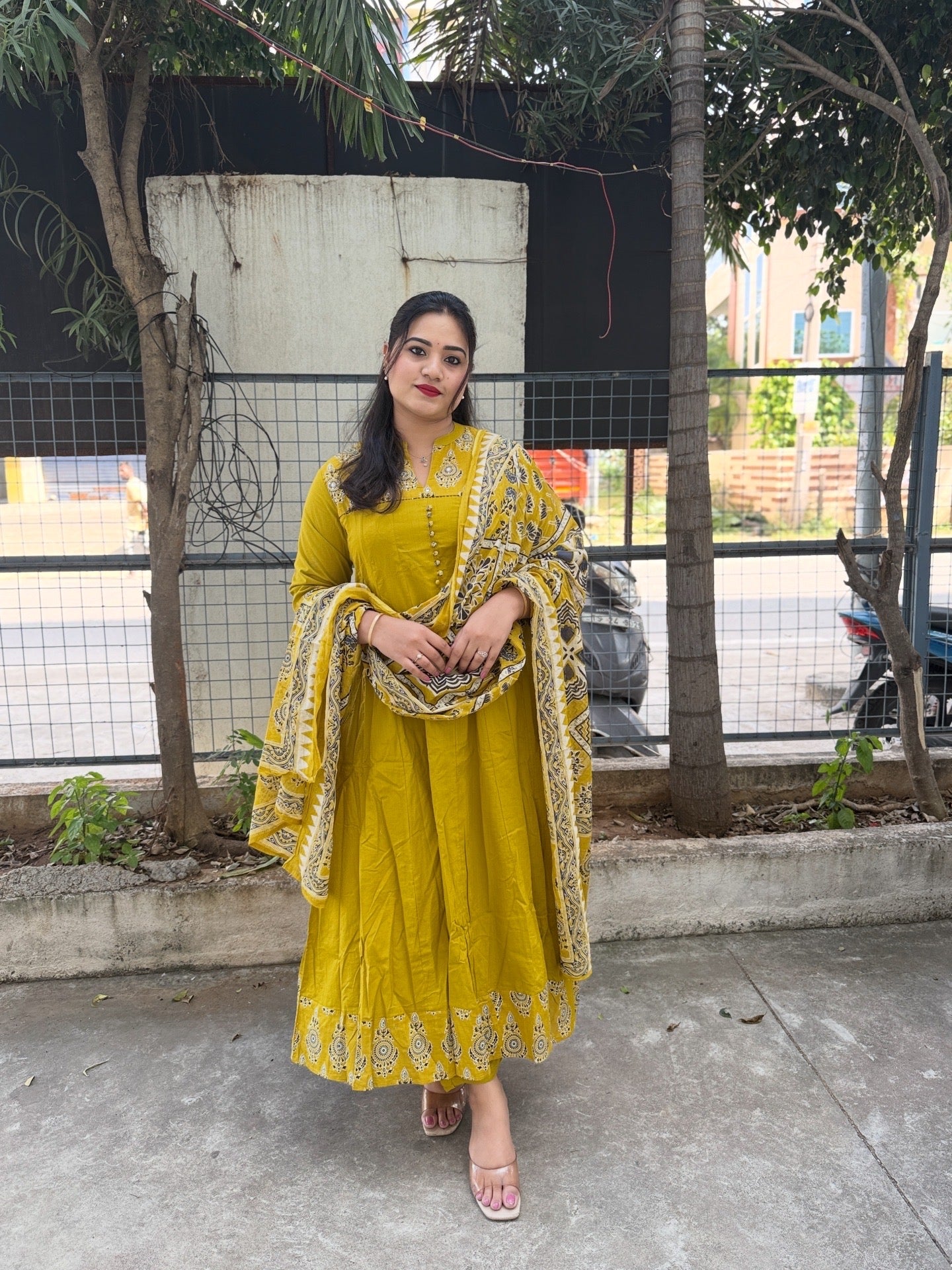 Cotton Printed Anarkali Suit Set with Embroidered Yoke and Dupatta – Mustard Yellow (Women’s Ethnic Wear)