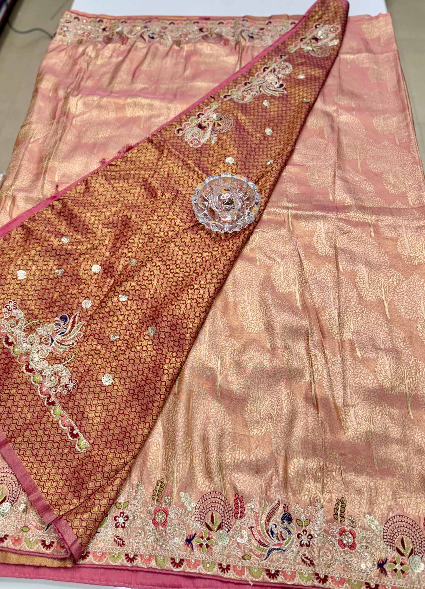 Tissue Silk Saree with Embroidery, Sequin, and Mirror Work Border – Festive Saree for Women