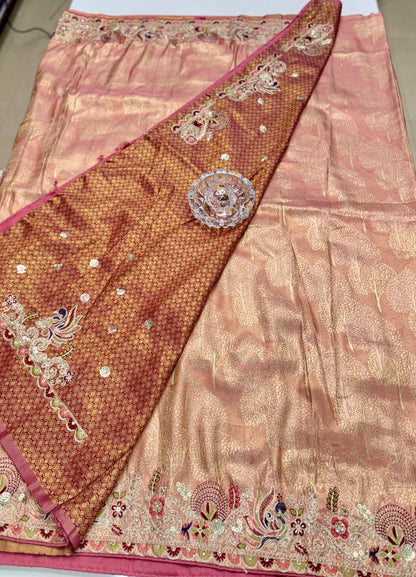 Tissue Silk Saree with Embroidery, Sequin, and Mirror Work Border – Festive Saree for Women
