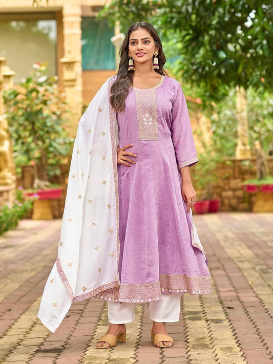 Flared 3-Piece Suit Set for Women in Fancy Fabric with Embroidered Dupatta – XL and XXL Sizes