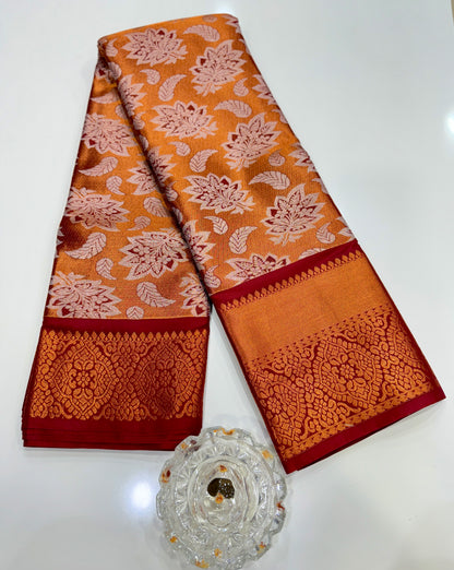 Bridal tissue saree for women with woven zari work and contrast border, kanchipuram style powerloom saree with blouse fabric