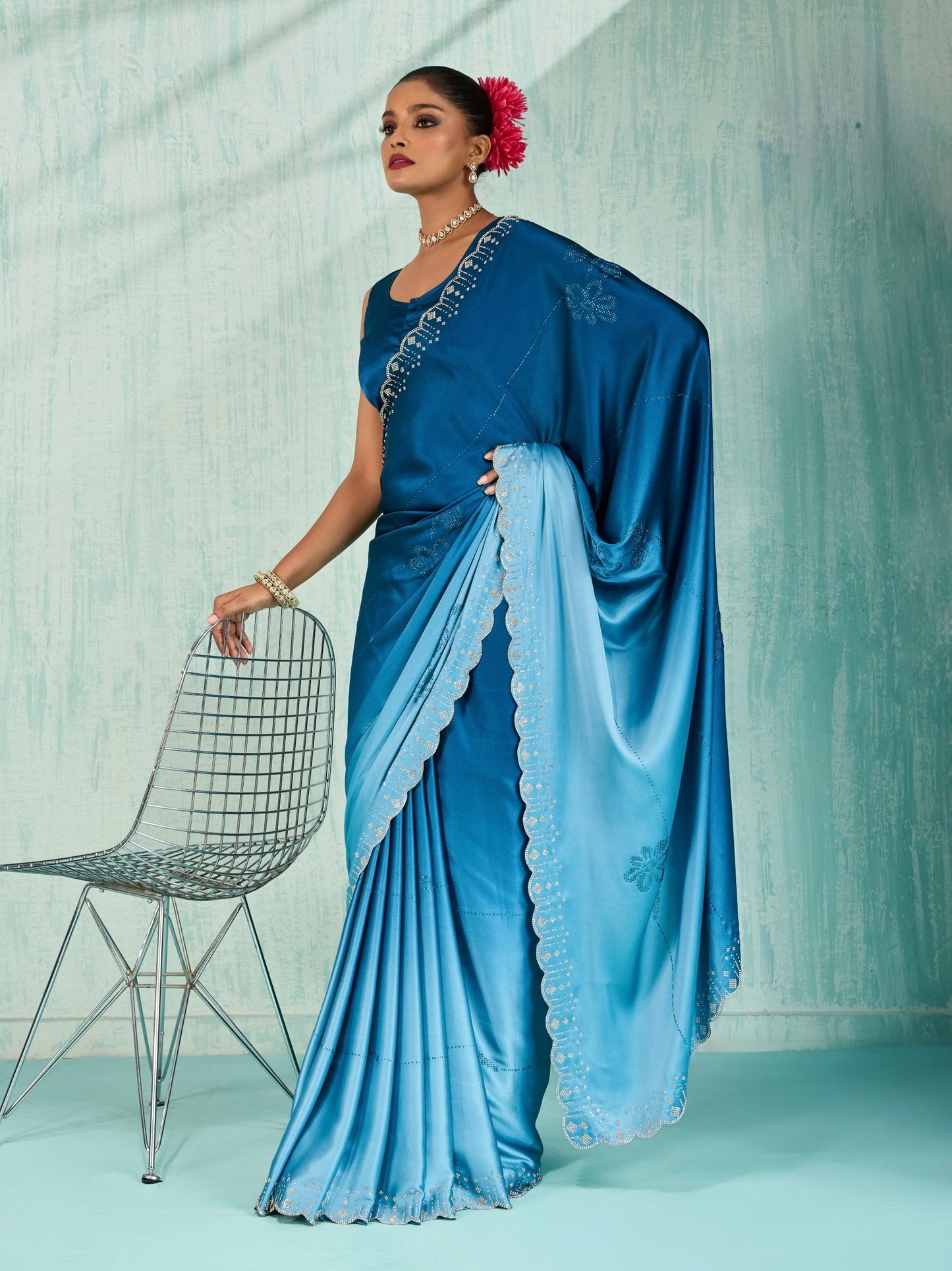 Women’s Ombre Satin Saree with Rhinestone Crystal Embroidery and Blouse Piece