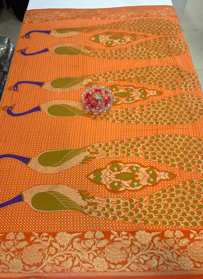Pure Kaddi Georgette Zari Weaving Saree in Rust-Orange with Bandhani-Inspired Pattern and Antique Gold Border – Festive & Wedding Wear for Women