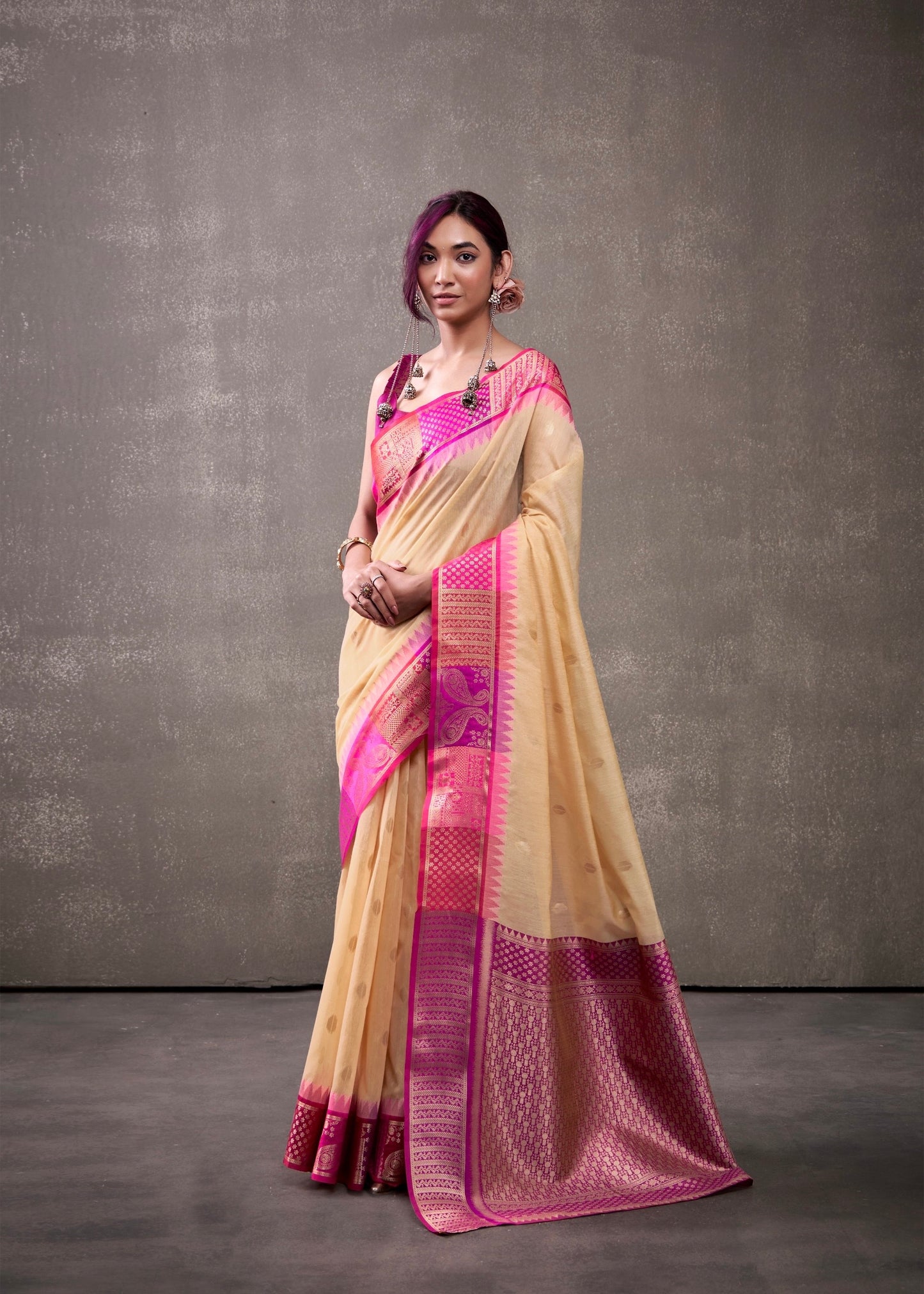 royal modal cotton saree with zari border and contrast blouse – festive ethnic wear for women