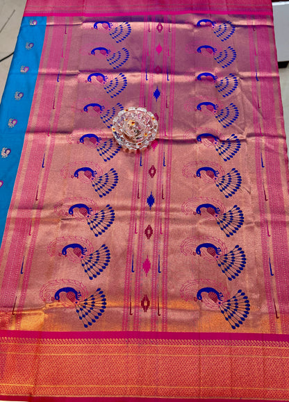Paithani Soft Silk Saree with Zari Weaving and Contrast Blouse