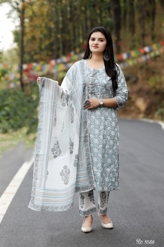 Cotton Straight Suit with Handblock Print and Katha Embroidery – Kurta Pant Dupatta Set for Women