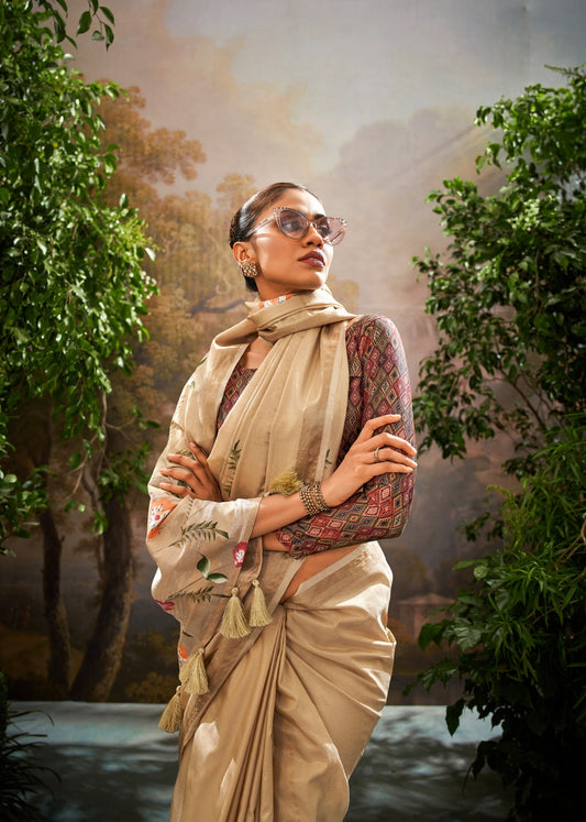 Soft Linen Tissue Saree with Hand Brush Print and Kalamkari Blouse – Festive and Wedding Wear