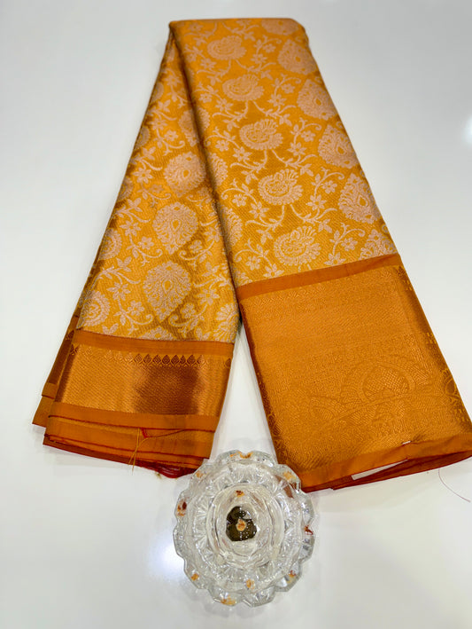 Bridal tissue saree for women with woven zari work and contrast border, kanchipuram style powerloom saree with blouse fabric